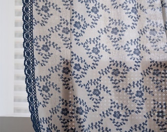 Custom 1 Panel Bohemian Style Blue Plum Flowers Vines Branches Printing on Beige Linen Semi Blind Blackout Curtains Crochet Blue Lace ,