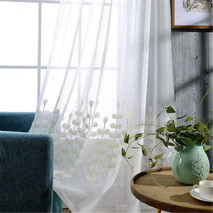 Custom Cotton Thread White Ivory Tree Branches Embroidered White Sheer Curtain , Embroidery Fabric By the Yard,Sheer Curtains Living Room