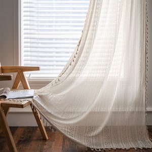 Custom 1 Panel Bohemian Lucky Fortune Wealth Coins Striped Beige Lace Crochet Hollow Stripes Linen Cotton Sheer Curtains Beige Tassels Trim,