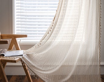 Bohemian Beige Lace Crochet Linen Curtain: Tassel Trim