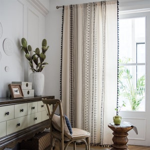 Custom 1 Panel Bohemian Black Triangel Stripes Printing on White Linen Cotton Curtains,Black Tassel Trim,Extra Long Curtain,Geometric Design