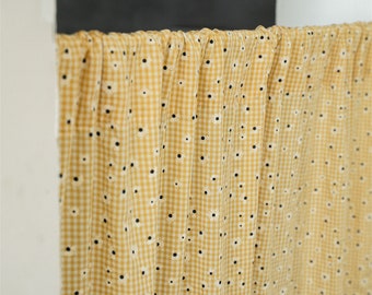 Daisy Print Linen Cafe Curtain: Yellow Gingham Farmhouse Half Curtain,Pair