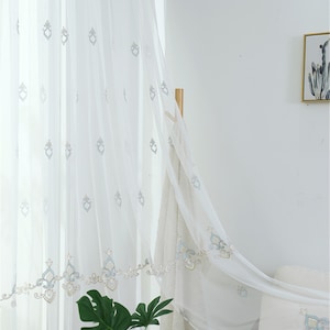 Custom Blue Europe Designing Embroidered on White Sheer Lace Curtain Wave Trim,Backdrop Living Room Curtains Panels