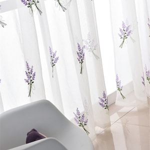 A Bunch of Purple Flowers Green Branches White Bows Embroidered on White Sheer Lace Curtain Fabric,Backdrop Living Room Curtains Panels