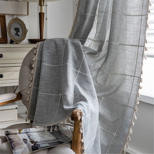 Custom 1 Panel Bohemian Big Grey Checks Curtain,White Jacquard Grids Linen Curtains,Cream Tassel Trim,Extra Long Curtain,Rod Pocket Panels
