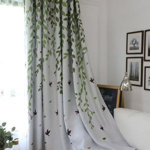 80% Blinding Green Leaves Vines Print Grey Blackout Curtains for Living Room,Curtain Blackout,Weeping Willows Swallows Printing Sheer Lace