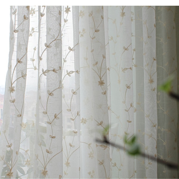 Custom Cotton Linen Thread Cream Tree Plant Braches Embroidered White Sheer Curtain , Fabric By the Yard,Vintage Sheer Curtains Children