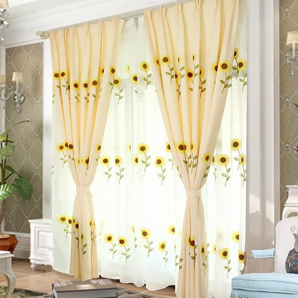 American Country Yellow Brown Sunflower Embroidered on Cream Blackout Curtains Living Room,Children Curtains,Custom Sun Floral Sheer Curtain