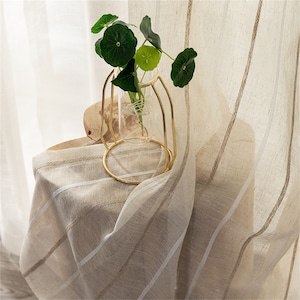 Natural White Brown Twill Vertical Stripes Beige Linen Sheer Curtain Fabric,Custom Stripes Linen Curtains, Linen Curtains Dry Clean