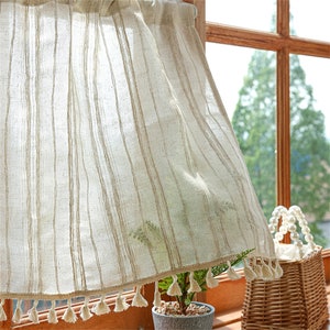 Pair Of Organic Natural Beige Linen Vertical Stripes Sheer Café Curtains Ivory Fringes Forest Farmhouse,Kitchen Curtain Bathroom Hollow Lace