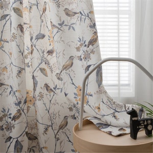 80% Blinding Forest Brown Yellow Birds Flowers Printing on Nature Beige Linen Cotton Blackout Curtains Fabric Living Room ,Bird Blackout