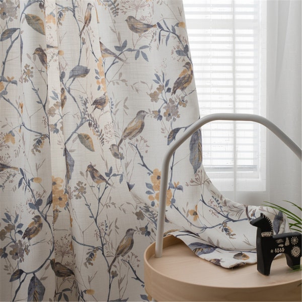 Forest Brown Yellow Birds Flowers Printing on Nature Beige Linen Cotton Blackout Curtains Fabric Living Room,Blackout Curtain,Bird Blackout