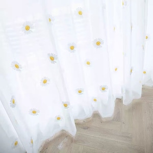 Large White Yellow Daisy Embroidered Sheer Lace Curtain Fabric,Curtains Light Shade Curtain Light Curtain BackDrop