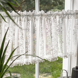 Pair of American White Flower Vines Stripes Lace Sheer Café Curtains Bottom Pompom Trim,Farmhouse Kitchen Curtains,Bathroom Living