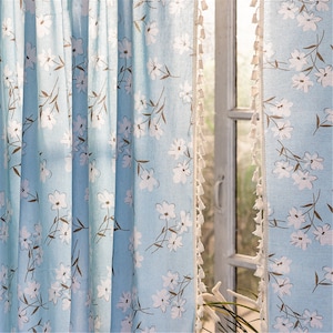 Custom 1 Panel Bohemian Style White Cotton Flowers Printing on Light Blue Linen Semi Blind Blackout Curtains Beige Tassels,Kitchen  Curtain