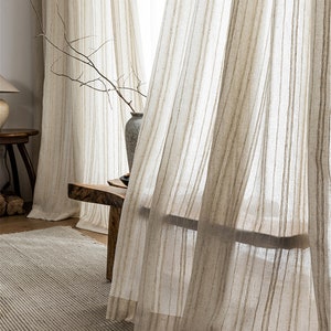 Tessuto per tende trasparenti a righe verticali beige naturale in puro lino, tende a righe personalizzate in lino, tende in lino boho, tende a righe in lino,