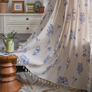 Custom 1 Panel Blau Schwarz Floral Zweige Bienen Leinen Baumwolle Semi Blind Blackout Vorhänge Quasten,Florale Vorhänge Blackout,BienenVorhang