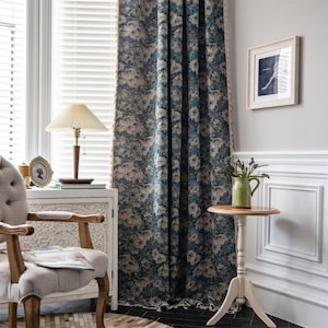Custom 1 Panel Bohemian Blue White Peony Oil Painting Linen Cotton Semi Blind Blackout Curtains Beige Tassels Trim,Extra Long Curtain