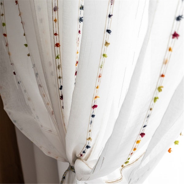 Custom Brown Stripes Colorful Dot Embroidered White Sheer Curtain Lace Fabric, Lace Fabric For Curtains,Semi Sheer Linen Curtains,Valance