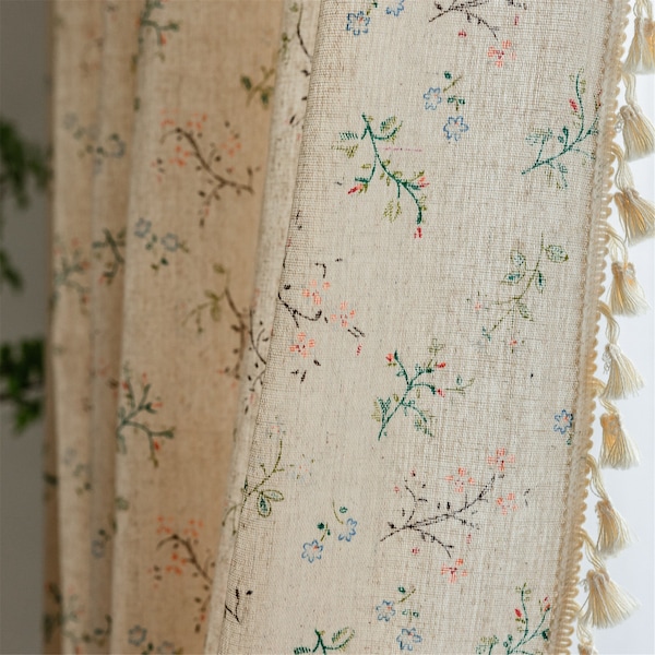 Custom 1 Panel Country Flowers Leaves Branches Printing on Natural Linen Semi Blind Blackout Curtains Cream Tassels,Cafe Curtains Valance