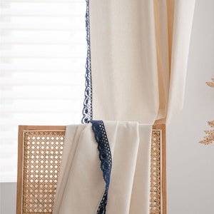 Custom 1 Panel Bohemian Style Solid Nature White Cotton Linen Semi Blind Blackout Curtains Crochet Navy Blue Lace Edge,Kitchen  Curtain