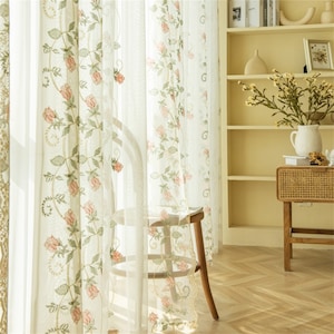 Custom Grace Long Pink Roses Vines Branches Leaves Embroidered on White Sheer Curtain, Blue Rose Flowers Vines Vertical Stripes