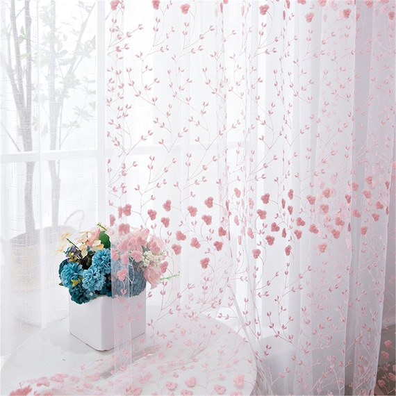 Custom Country Pink White Peach Petal Leaves Embroidered Ireland Peach Petal Leaves Embroidered White, Pink Peach Sheer Curtains