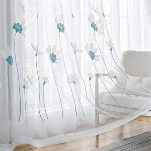 Custom Big Blue Pink White Petals Flowers Dragonfly  Embroidered White Sheer Curtain,Floral Fabric By the Yard,White Long Branches Curtains