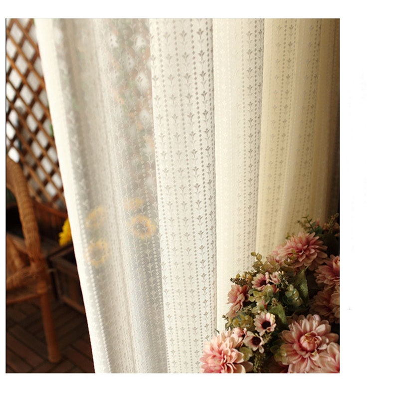 White Lace Small Florals Stripes Jacquard on Sheer Lace Curtain Fabric, Rod Pocket Curtains Panels,Small Flowers Lines White Dot Lines image 5