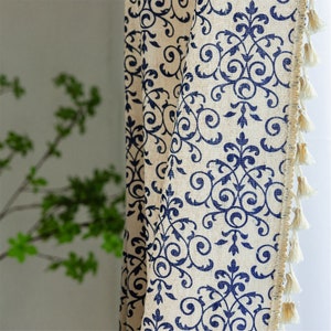 Custom 1 Panel Navy Blue Flowers Vines Branches Diamond Nature Linen Semi Blind Blackout Curtains Cream Tassels,Country Bohemian Curtain
