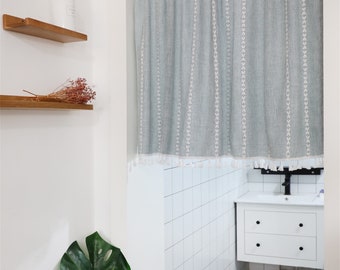 Pair Of White Cotton Twist Stripes Jacquard Grey/Khaki Linen Cotton Café Curtains Ivory Tassels,Kitchen Curtain Bathroom Living Room,