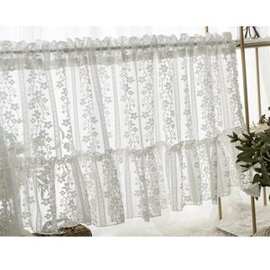 Pair American White Little Roses Flowers Stripes Sheer Café Curtains Dress Edge,Farmhouse Kitchen Curtains,Kitchen Curtain Bathroom Living