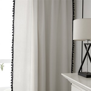 Custom 1 Panel Bohemian Nature White Cotton Semi Blind Blackout Curtains Black Green Tassels ,Children Curtain,White Blackout Velour Drape