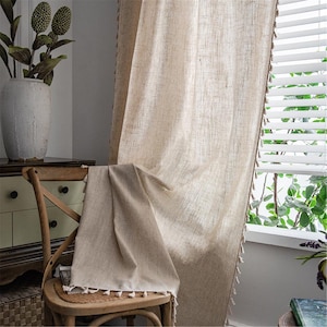 Custom 1 Panel Vintage Bohemian Natural Beige Bamboo Linen Cotton Semi Blind Blackout Curtains Beige Tassels Trim,Extra Long Curtain