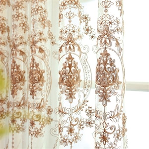 High Quality Brown Europe Flower Embroidered on Beige Sheer Lace Curtain,Wedding Curtain Backdrop Living Room Curtains Curtains Panels