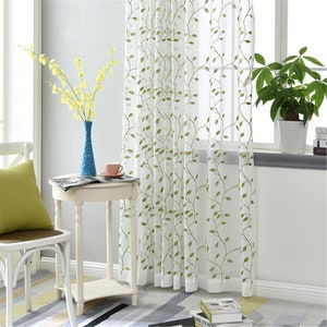 Custom Countryside Green Leaves Branches Vines Curly Embroidered White Sheer Curtain,White Tree Branches Sheer Curtain Livingroom Cafe Sheer