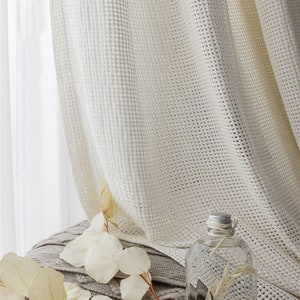 Beige Crochet Waffle Mat Jacquard Linen Sheer Curtain Fabric,Custom Checks Linen Curtains,Boho Linen Curtains,Linen Checks,