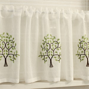 Pair of Large Green Fortune Trees Branches Leaves Embroidered Lace Sheer Café Curtains,Farmhouse Kitchen Curtains,Bathroom Living Room,Door