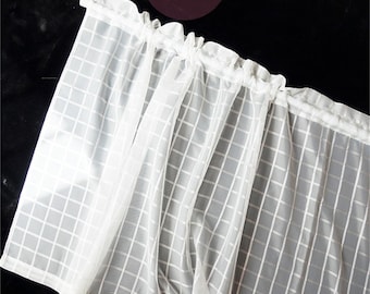 White Sheer Cafe Curtains: Farmhouse Check Girds Lace Window Panel,Pair