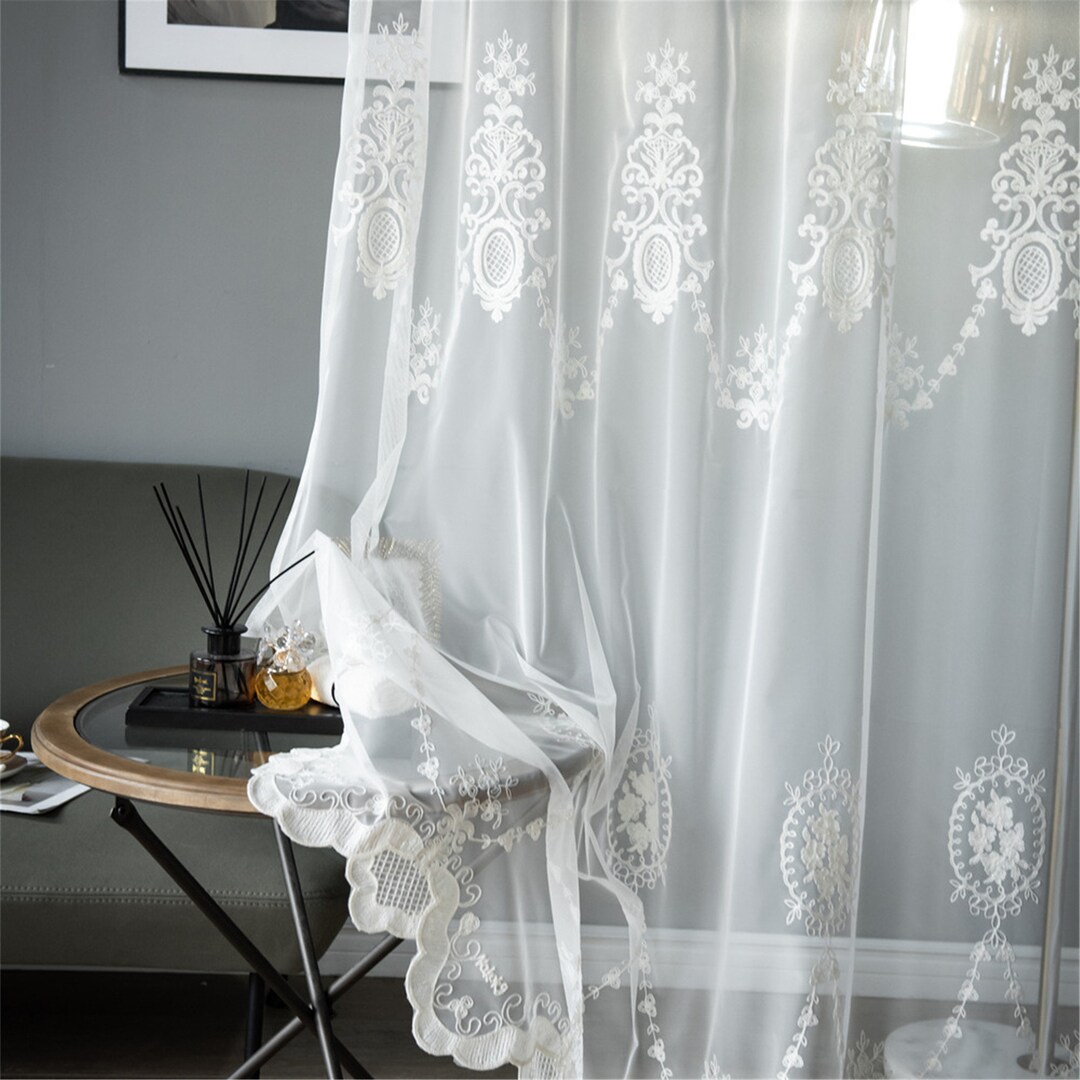 Grace Europe Lucky Flower Designing Embroidered White Sheer Curtain