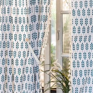 Custom 1 Panel Bohemian Style Green Tree Plants Printing Linen Semi Blind Blackout Curtains Beige Tassels,Stripes Bohemian Curtain