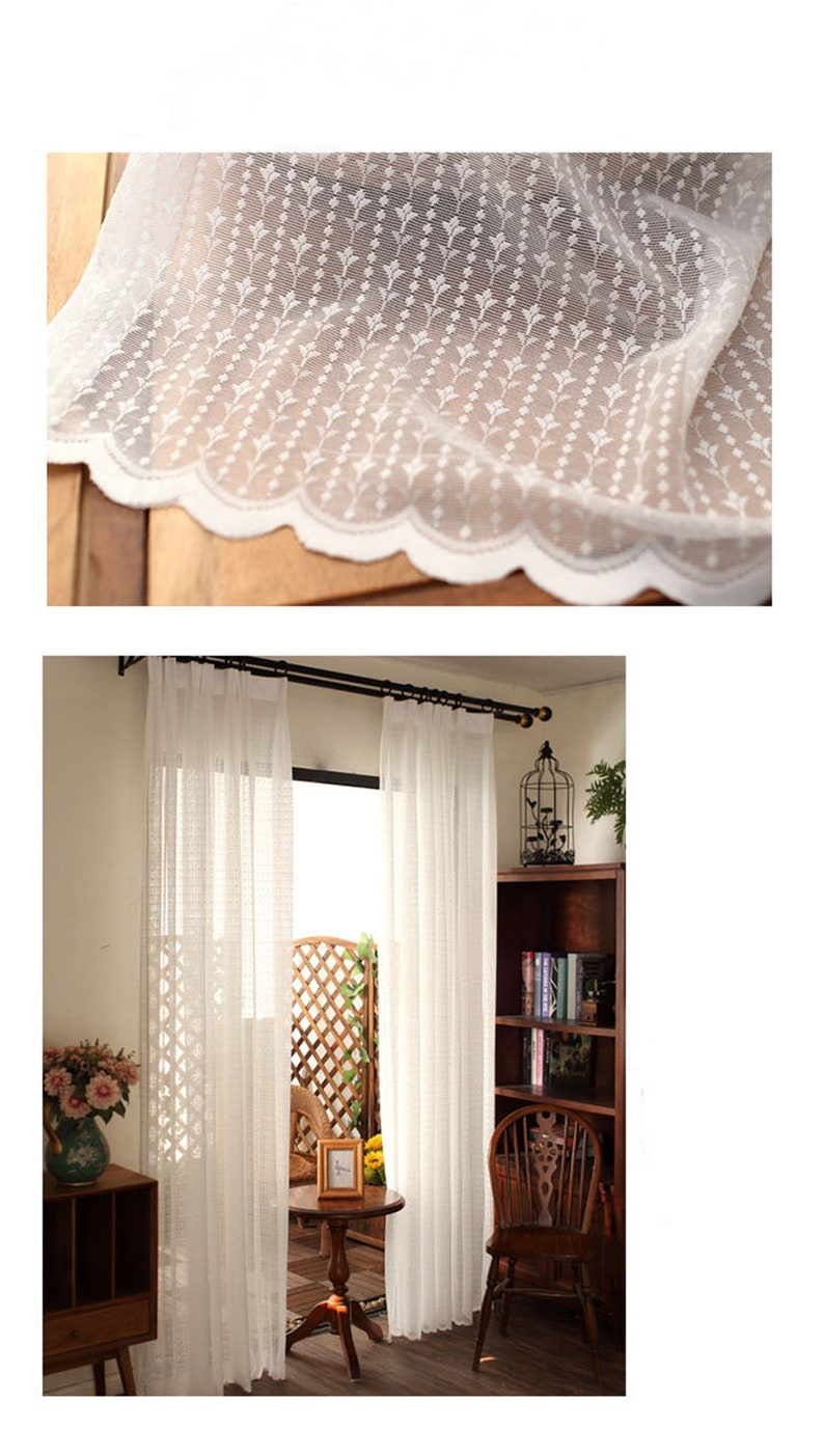 White Lace Small Florals Stripes Jacquard on Sheer Lace Curtain Fabric, Rod Pocket Curtains Panels,Small Flowers Lines White Dot Lines image 4