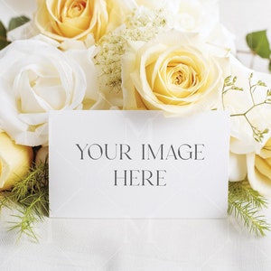 Maquete de cartão de visita, rosas amarelas, download instantâneo, maquete de cartão de visita, configuração plana, maquete PSD, fotografia de stock