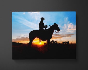 Cowboy Wall Art, Cowboy Sunset Digital Download, Western Fotografie, Cowboy Paardrijden Silhouet, Ranch Decor, Ranch levensstijl