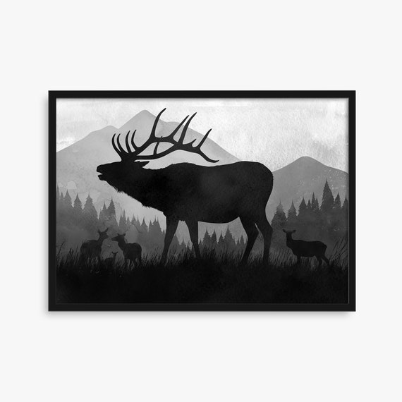 Bull Elk Wall Art Watercolor Black and White Digital Etsy