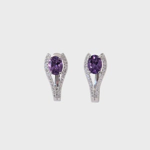 White gold earrings, set with Amethyst stone and diamonds, 14k white gold.