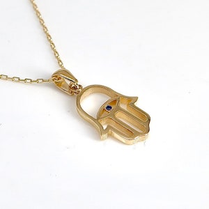 14k Yellow Gold Hamsa Pendant, Gold Hamsa with Sapphire Stone, Classic Jewish Hamsa Pendant, Gold Hamsa Necklace, Israel Jewelry, Gold Gift