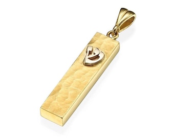 14k Gold Mezuzah pendant, Hammered Gold pendant, Jewish Jewelry, Israel Jewelry, Mezuzah Necklace, Judaica Pendant, Israel Designer