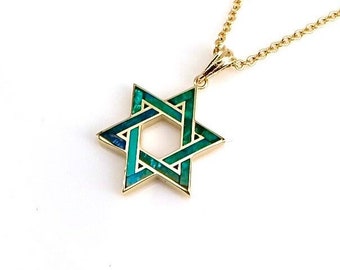 14k gouden Davidster-hanger, Eilat-steen, Magen David met Eilat-steen, Joodse hanger, sieraden van Israël, groene Eilat-steen, Israëlische ontwerper