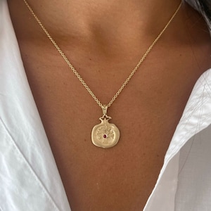 14k Gold Pomegranate Tree of Life Pendant, Judaica Pendant, Jewish Jewelry, Pomegranate Necklace, Ruby Jewelry, Yellow Gold Pendant